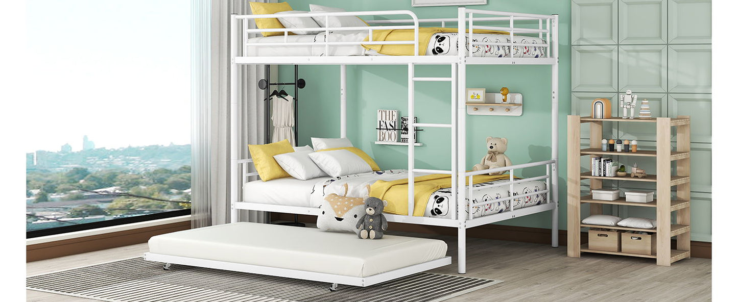 Full Over Full Metal Bunk Bed With Trundle - White