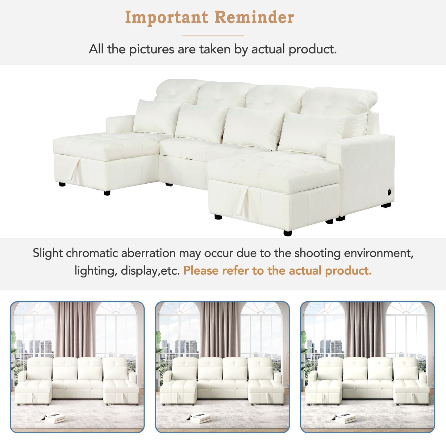 Oversized U - Shaped Sofa Versatile Sectional Sofa Pull Out Sofa Bed With Double Storage Chaise Lounges And 2 USB Ports For Living Room - Beige
