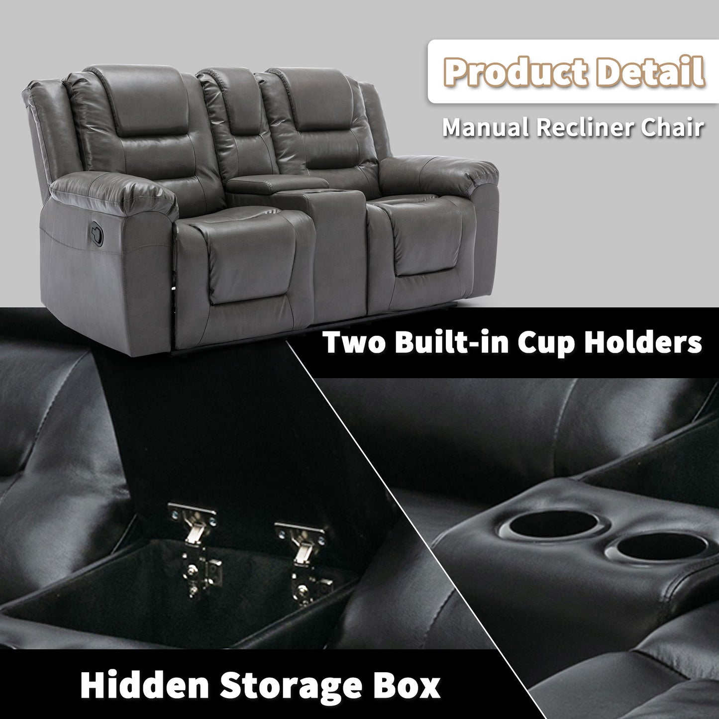 2 Seater Home Theater Recliner Manual Recliner Chair With A Storage Box And Two Cup Holders For Living Room - Gray