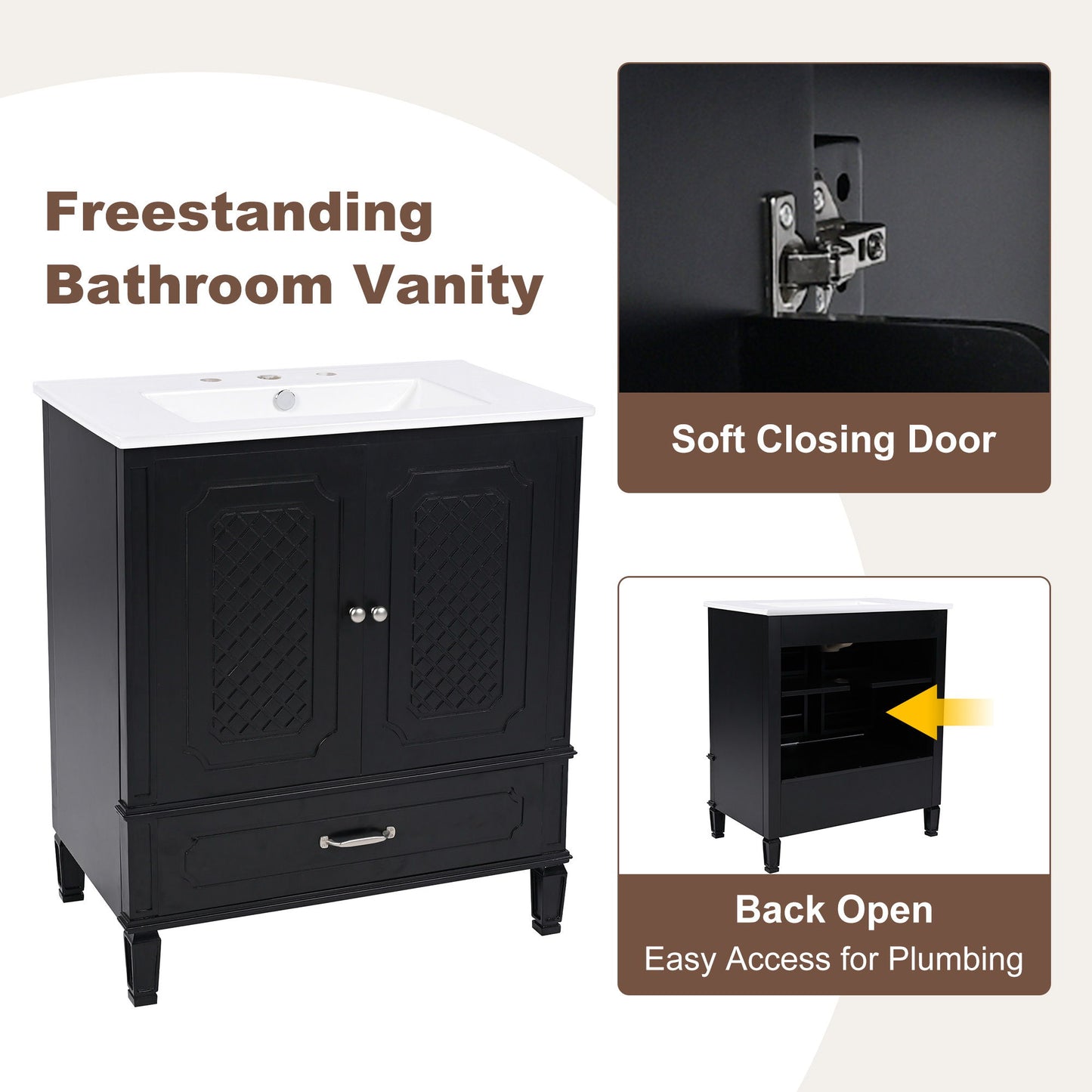 Vintage Style 30" Bathroom Vanity With Sink, Multi Functional Storage, Soft Closing Door - Black