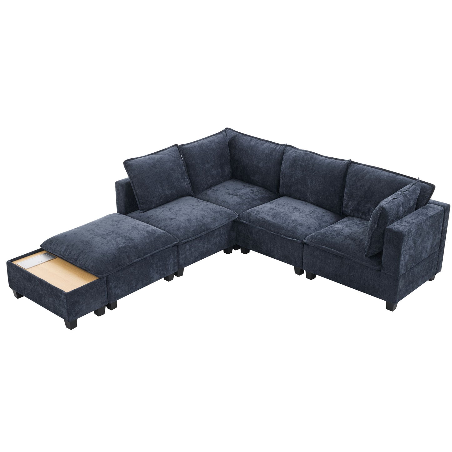 U - Shaped Sectional Sofa Modular Sofa Couch With A Movable Ottoman, A Coffee Table With Hidden Charging Devices For Living Room - Blue