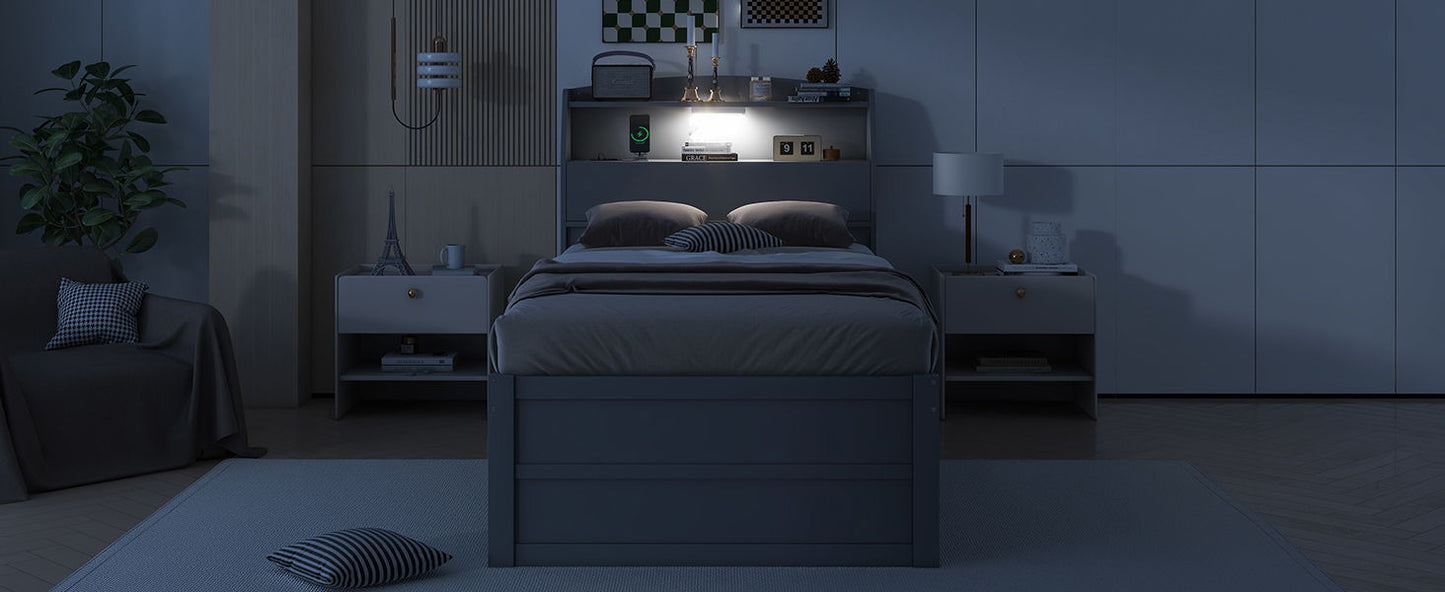 Twin Size LED Platform Bed With Trundle With Storage Headboard With Drawers - Gray