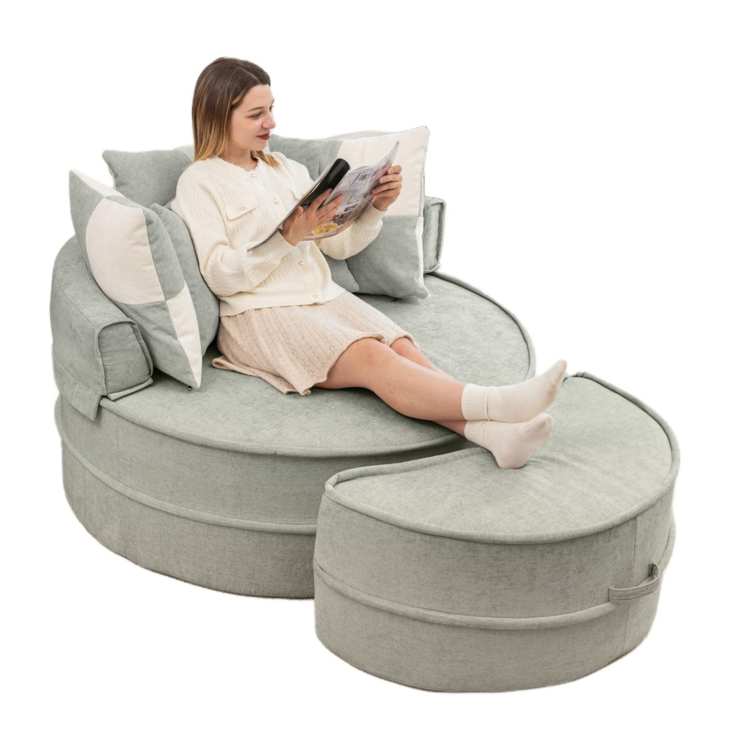 Modern Oversized Round Barrel Accent Chair With Ottoman Velvet Upholstered Lounge Armchair With 5 Pillows For Living Room Or Bedroom - Green