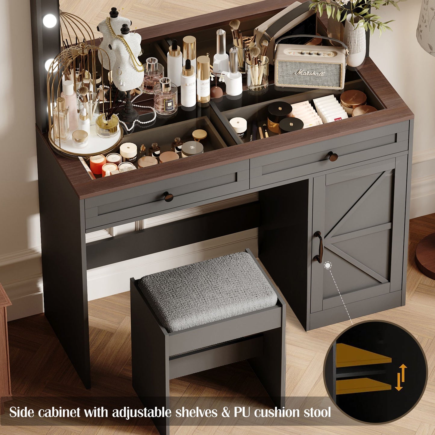 Makeup Vanity Table, Makeup Table With Large Mirror And 11 LED Light, Brightness Adjustable, Dressing Table Desk With 3 Drawers, Vanity Desk For Women (With Stool) - Black