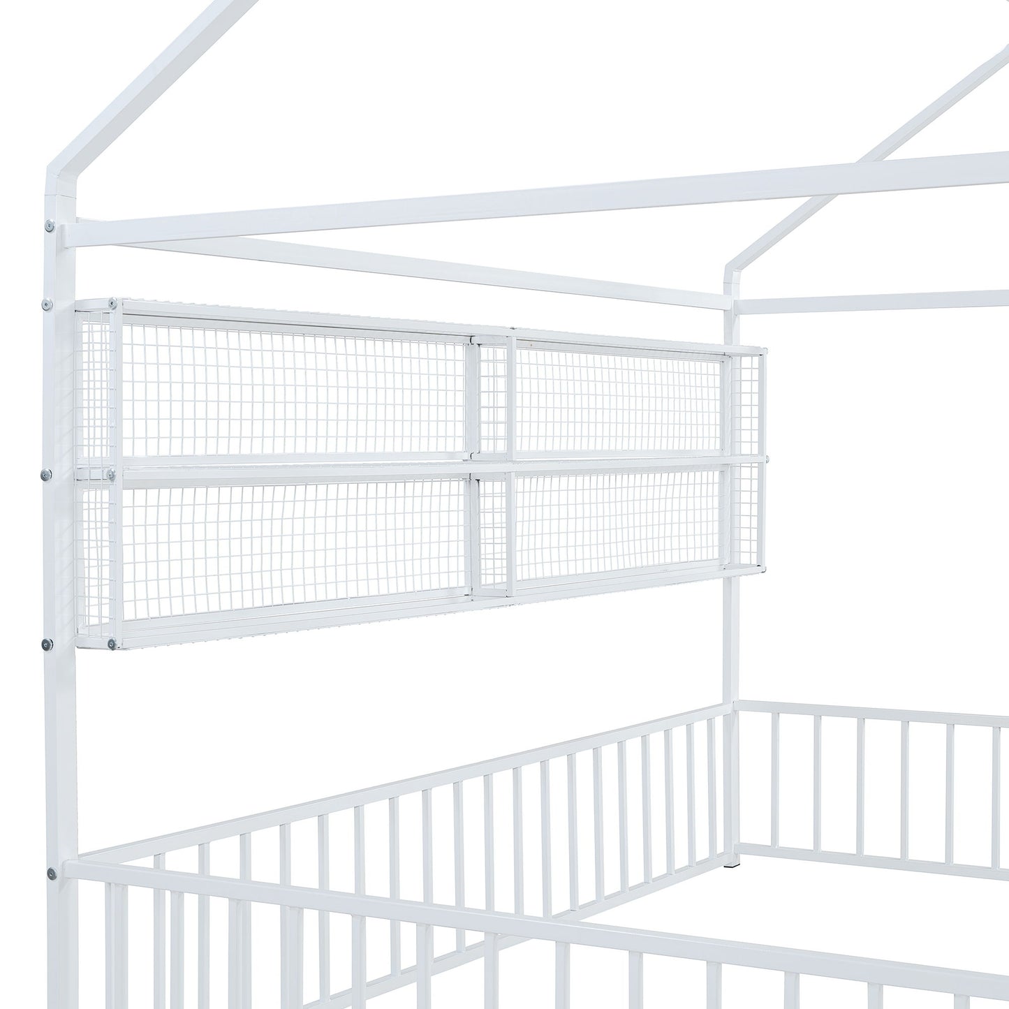 Full Size Bed House Frame With Fence And Shelves - White