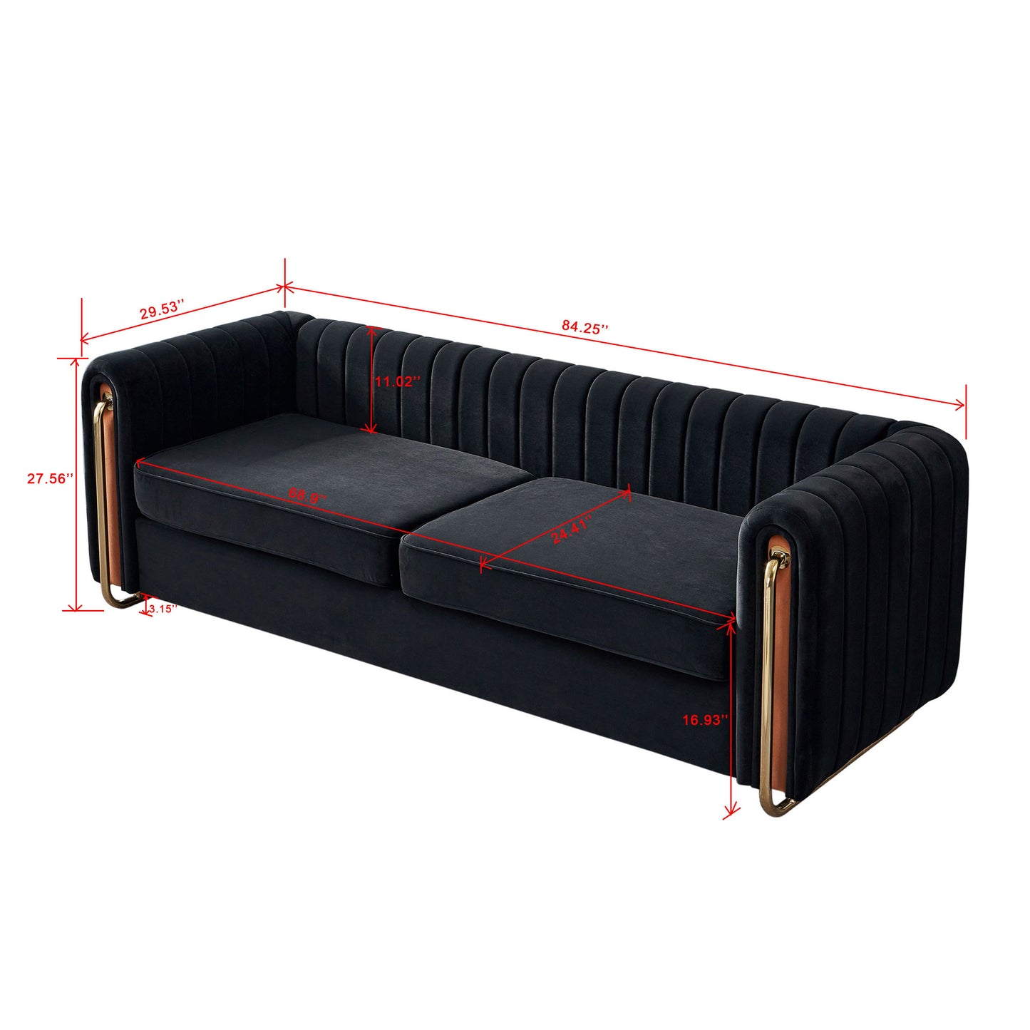 Contemporary Velvet Sofa Couch For Living Room - Black