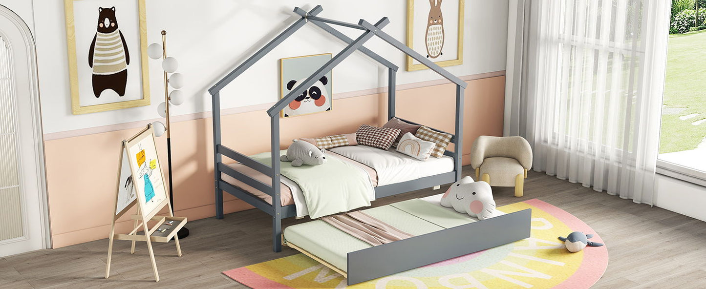 Twin Size House-Shaped Bed With Trundle - Gray