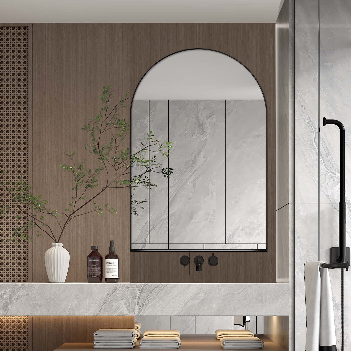 Arched Recessed Medicine Cabinet, Metal Framed Bathroom Wall Cabinet With Mirror And Adjustable Shelves, Wall Mirror With Storage For Bathroom - Matte Black