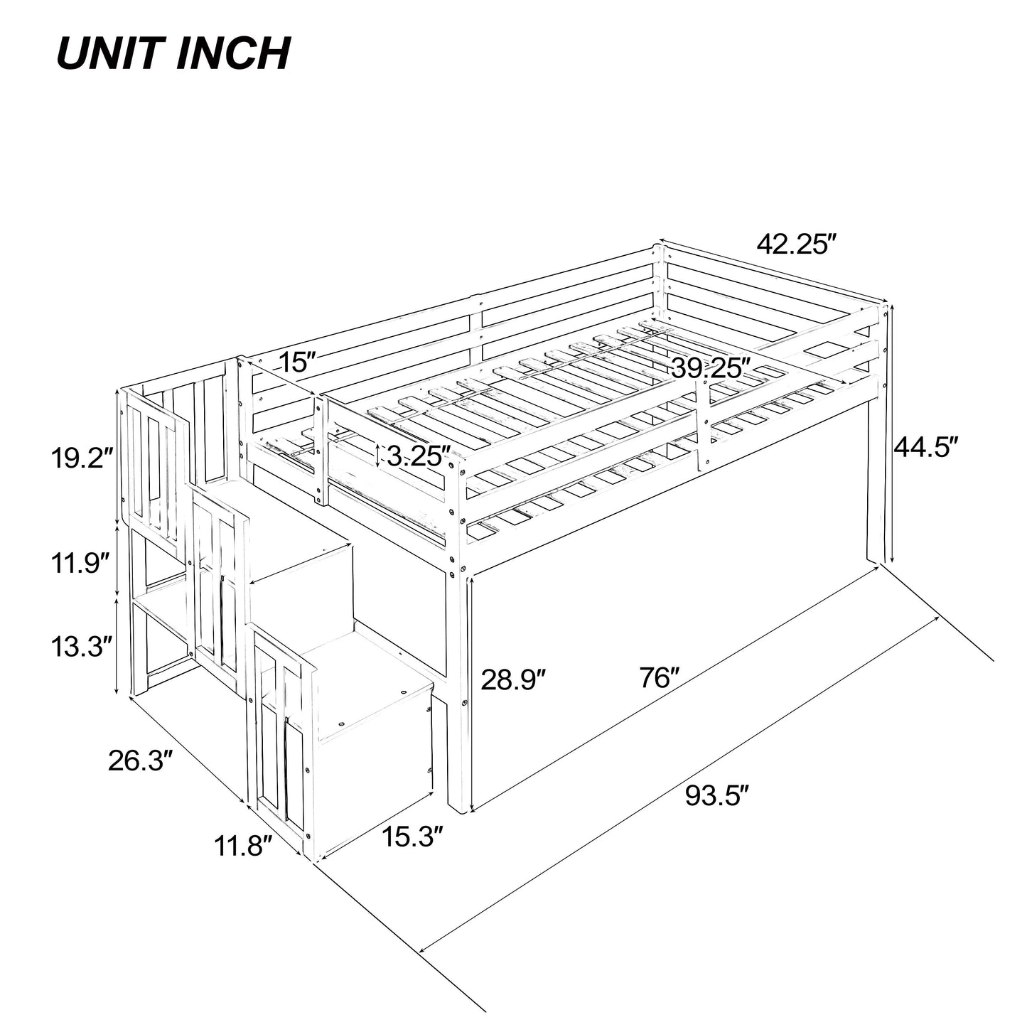 Loft Bed With Staircase - Gray