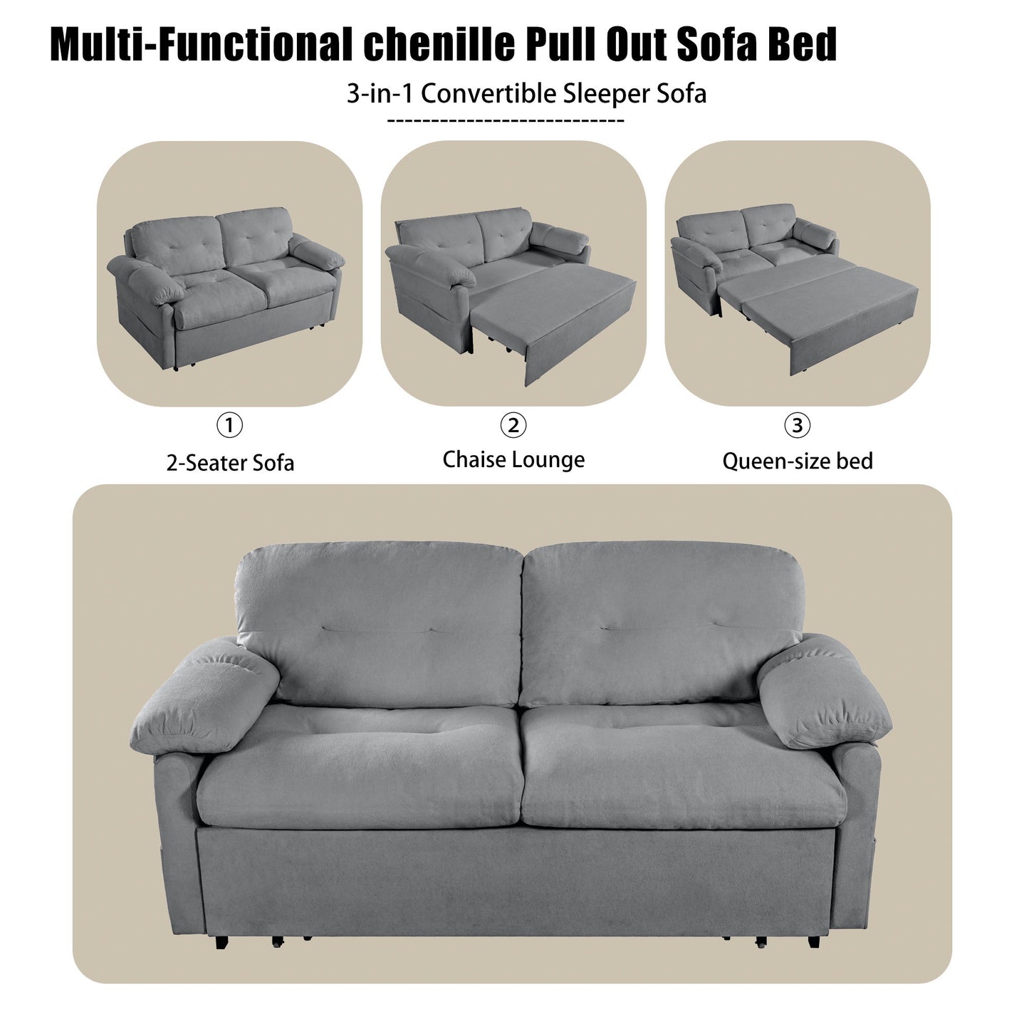 Modern Convertible Sleeper Sofa Bed With Pull Out Queen Design, Side Storage & Thick Cushions Chenille Loveseat For Living Room Or Bedroom 3 In 1 Function - Gray