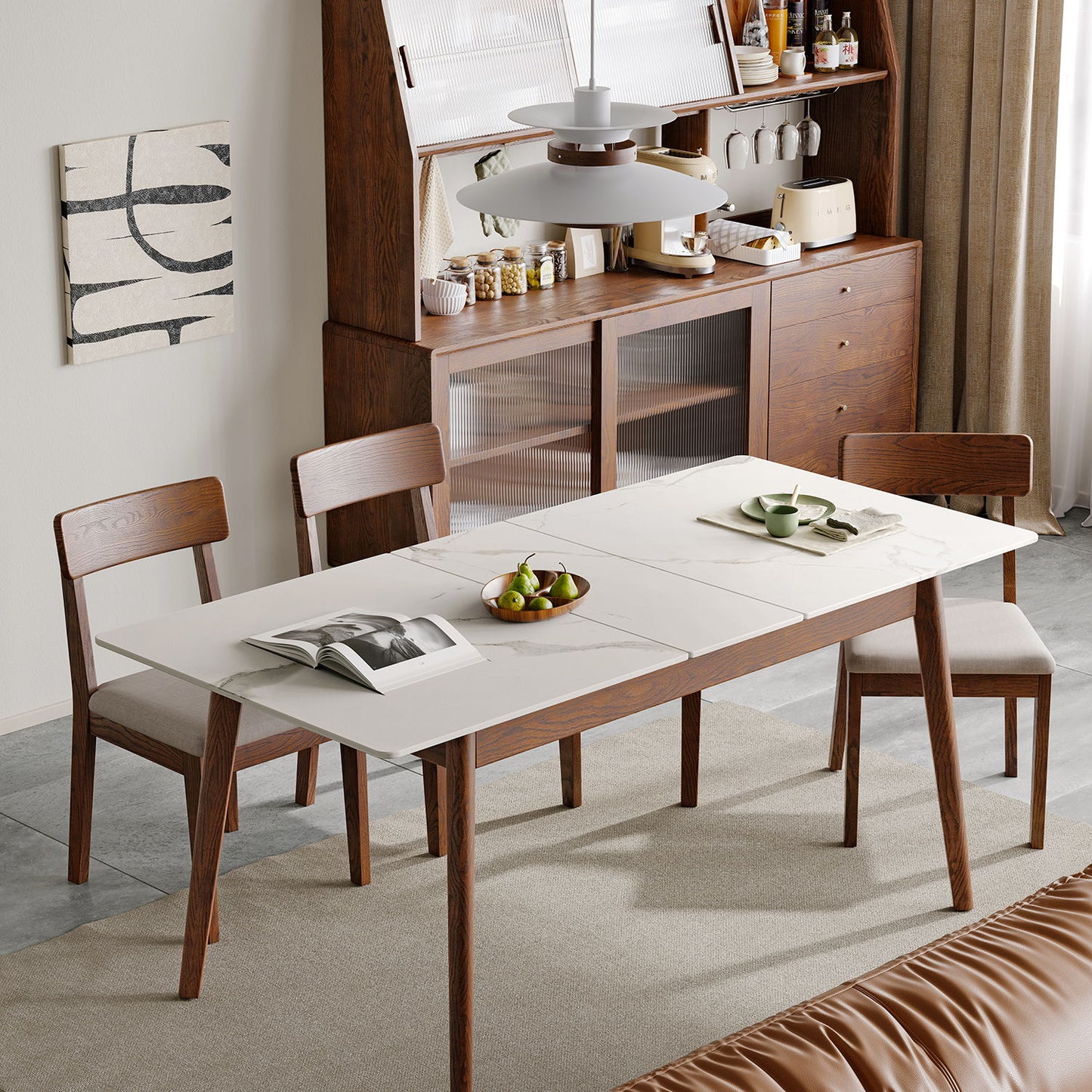 Round Corner Diagonal Leg Telescopic Table For 6 - 8 People To Meet Dining Table - White / Walnut