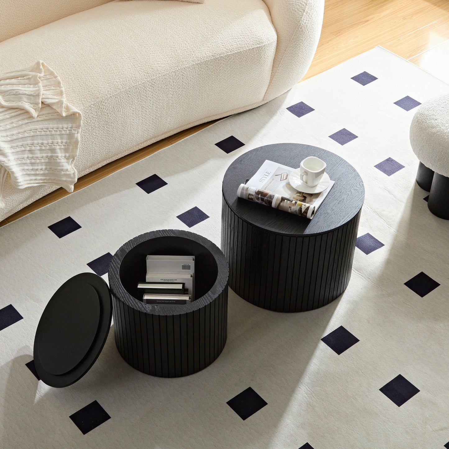 Modern Nesting Coffee Table Set With Walnut Veneer - 2 Pieces For Living Room - Black