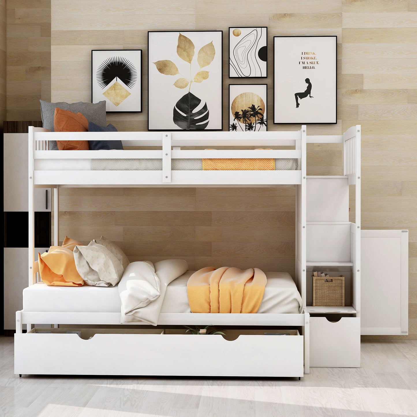 Twin Over Full / Twin Bunk Bed, Convertible Bottom Bed, Storage Shelves And Drawers - White