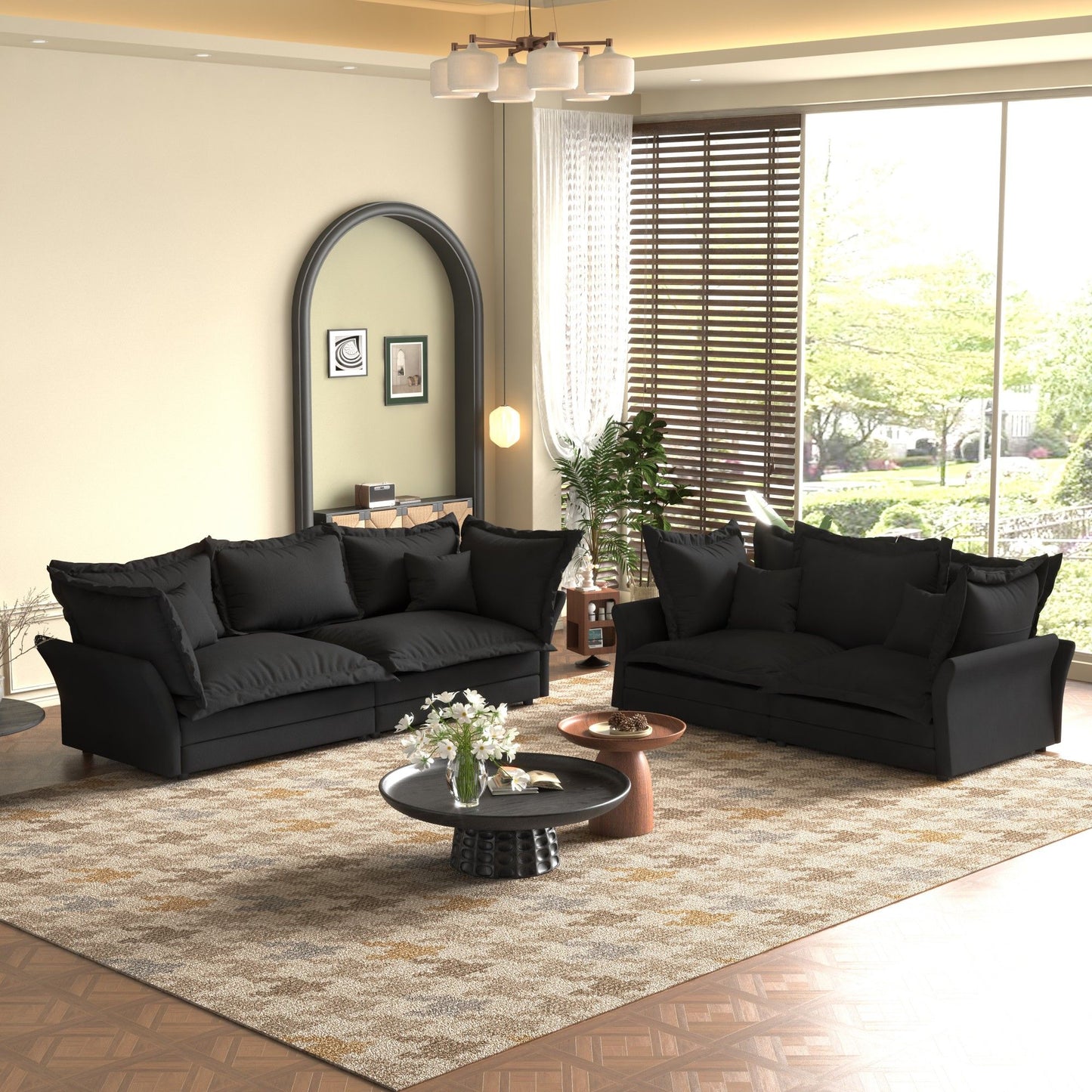 Modern Comfy Upholstered Sofa Cloud Couch, Deep Seat Couches With Multiple Large Soft Pillows, Convertible Deep Seat Chaise Longue For Living Room - Black