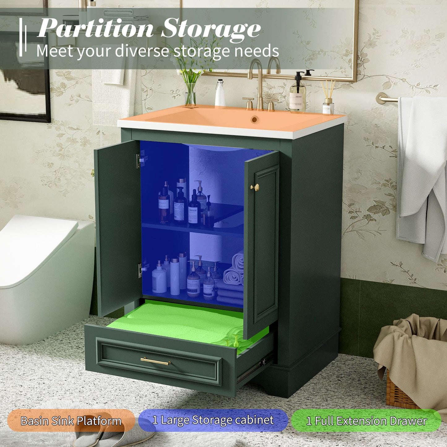 Bathroom Vanity With Ceramic Sink Combo, Modern Freestanding Storage Cabinet With Silver Handles, Soft Closing Doors - Green