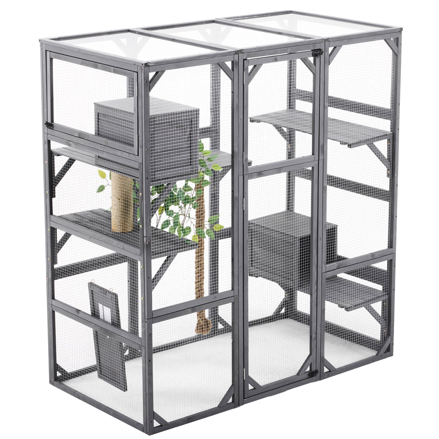 Outdoor Diy Cat House Catio With Double Enter Doors, Platforms, And Condos - Dark Gray