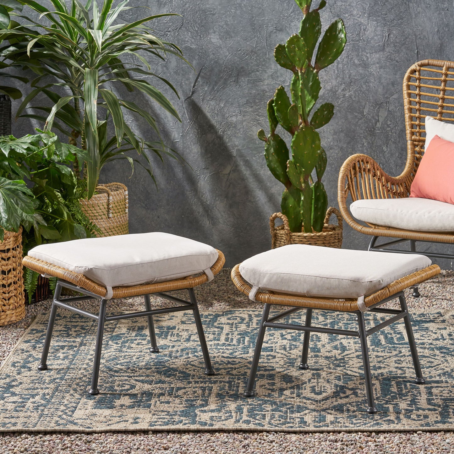 Outdoor Modern Boho Wicker Ottoman With Cushions (Set of 2) - Beige / Brown