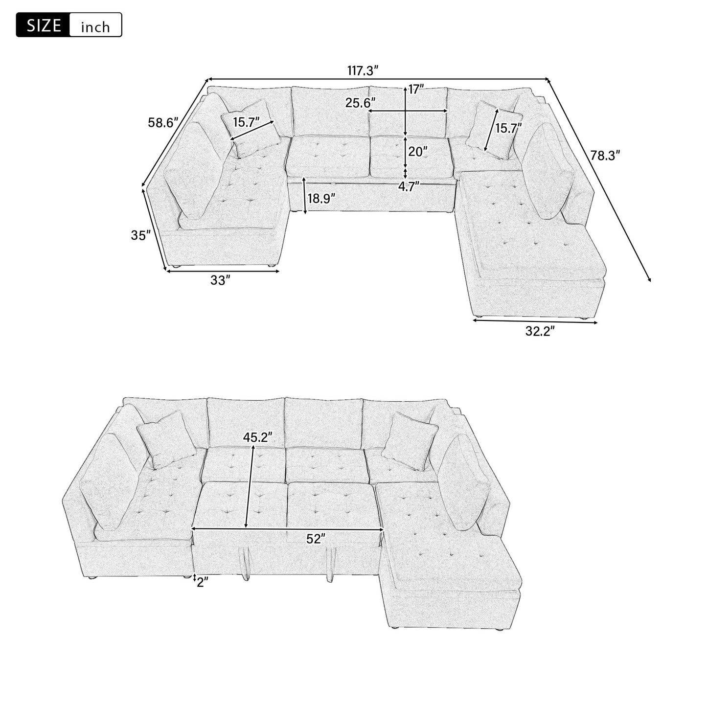 Oversized Sectional Sofa U-Shaped Sofa Couch Pull-Out Sofa Bed With Two Throw Pillows For Living Room - Beige