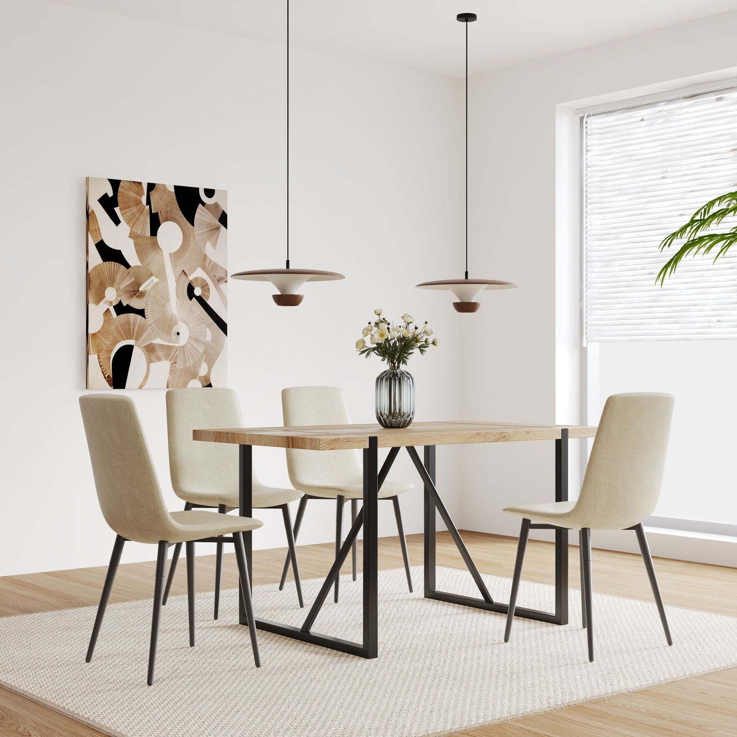 Modern Upholstered Dining Chairs (Set of 4) With Black Metal Legs And Linen Cushion Seat - Beige