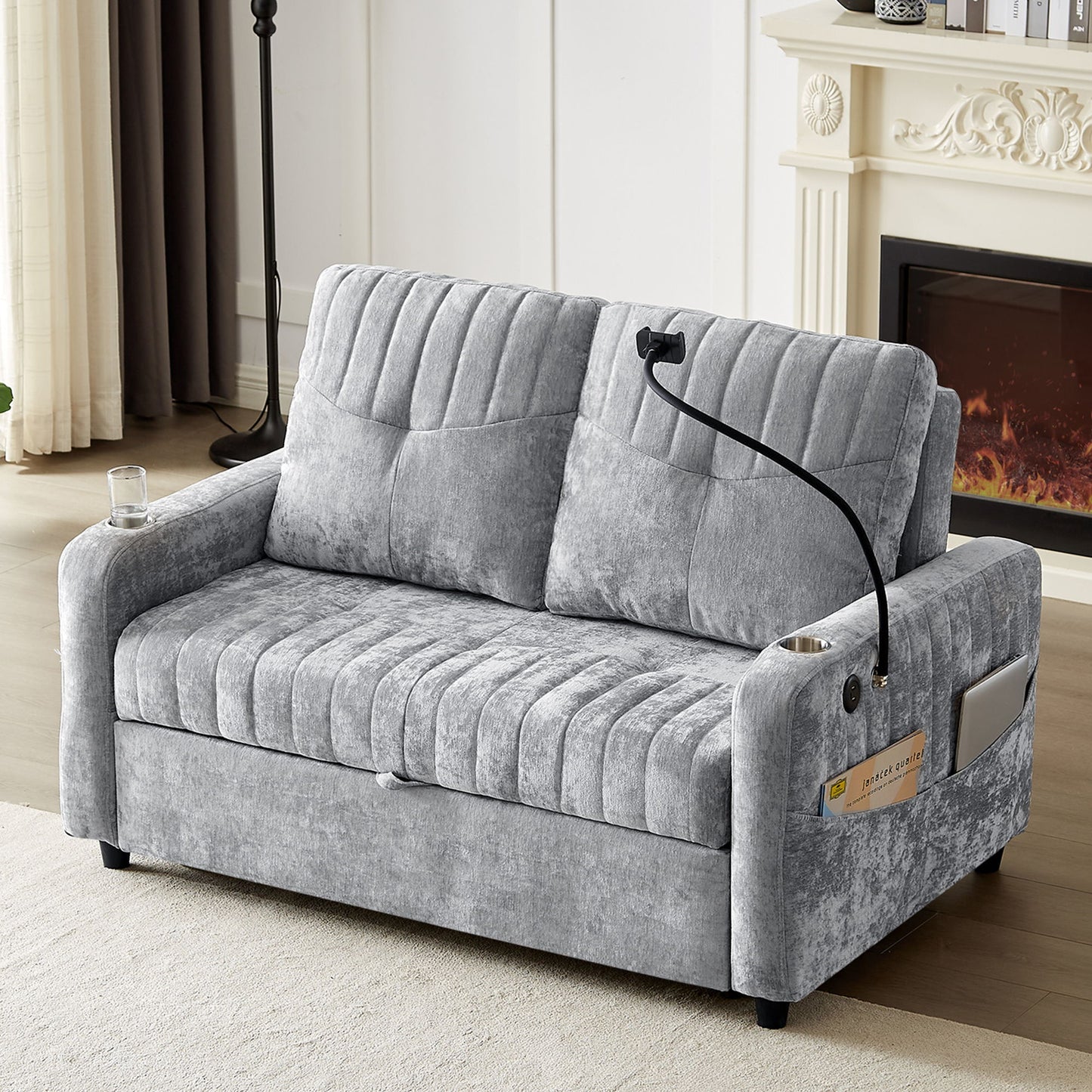 Modern Loveseat Pull Out Sofa Bed With Adjustable Backrest, Two Cup Holders, A Phone Holder, Three Charging Ports And Side Storage Pockets For Living Room - Gray
