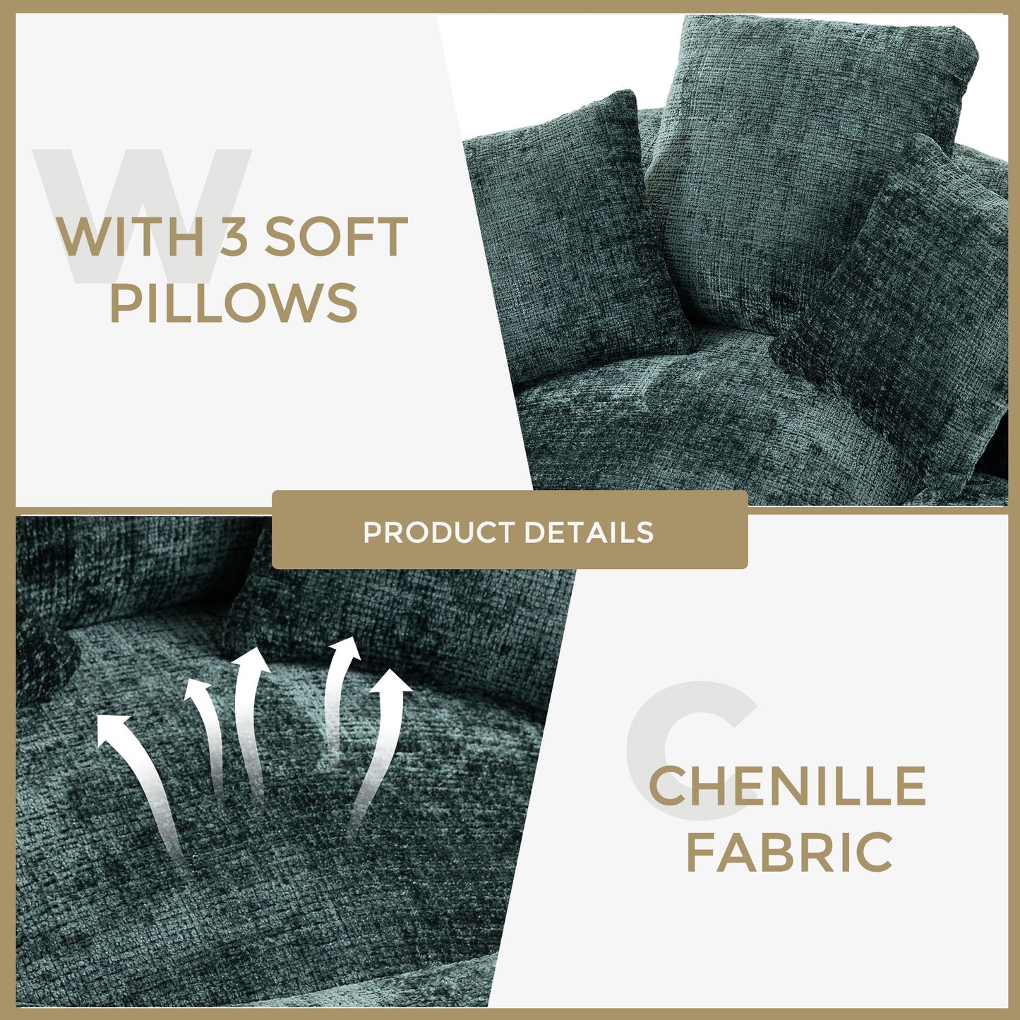 Chenille High Back Bean Bag Chair Couch With 3 Pillows, Indoor & Outdoor, Single Gaming Sofa For Bedroom - Emerald