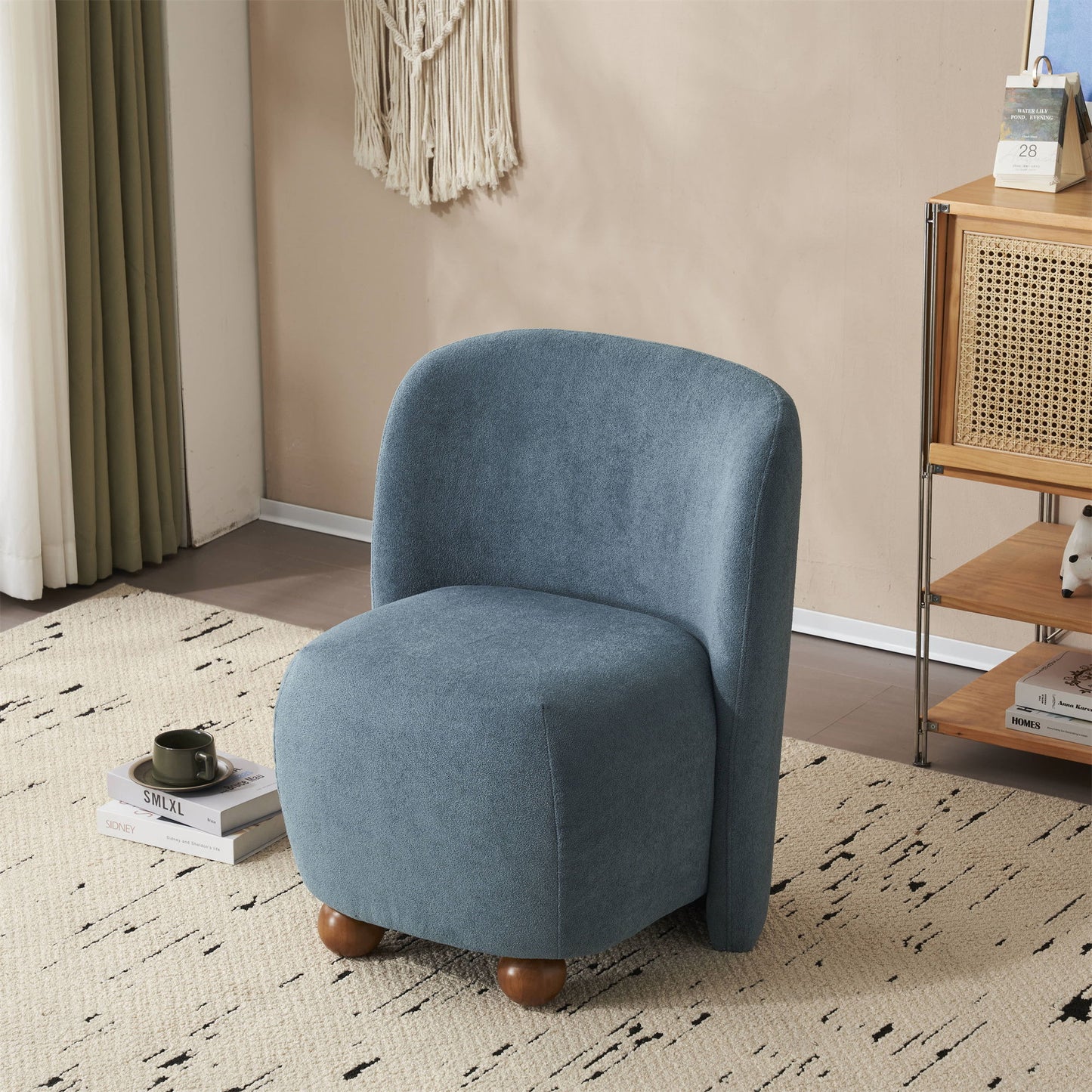 Modern Low Back Accent Chair, Upholstered Armless Living Room Chairs, Round Pine Wood Feet, For Small Living Spaces, Living Room - Blue