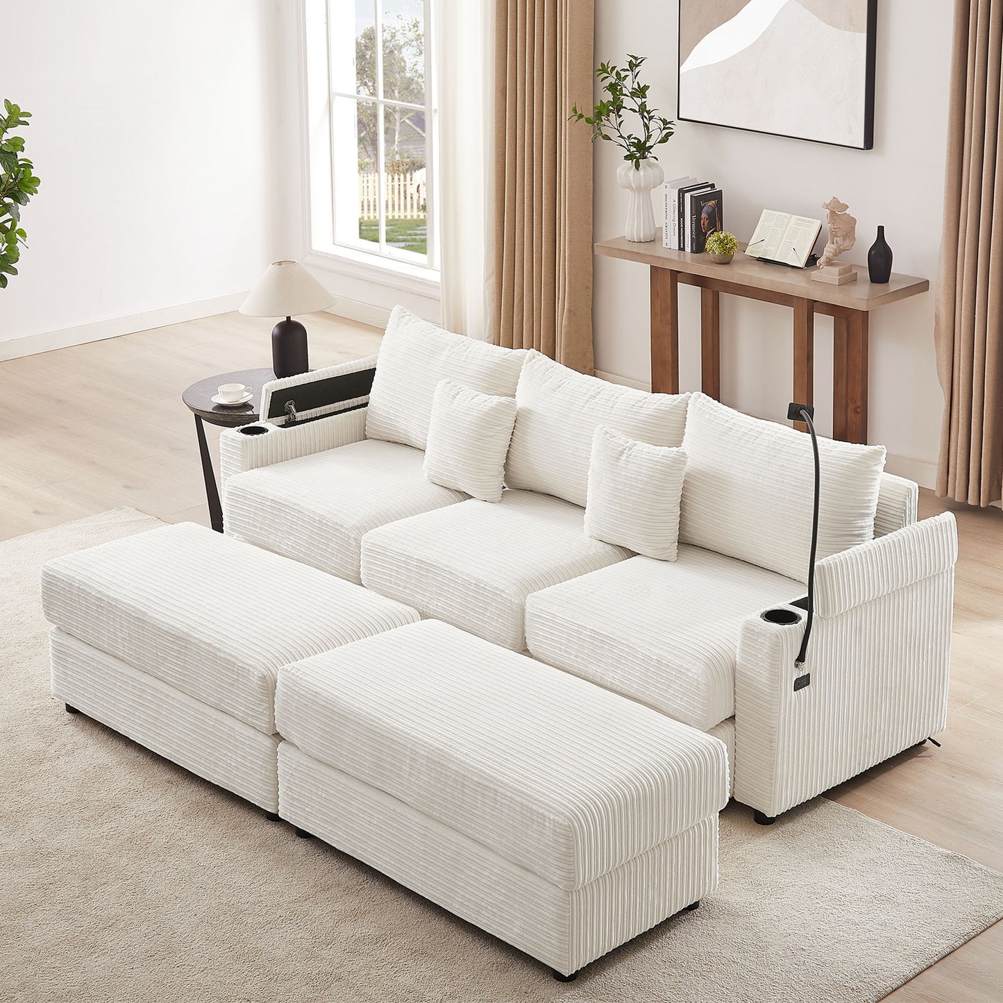 Modern Style 3 Seater Sofa Sectional Sofa Couch With Storage Space, Two Movable Ottomans, Two USB Ports, Two Cup Holders, A Phone Holder For Living Room - Beige