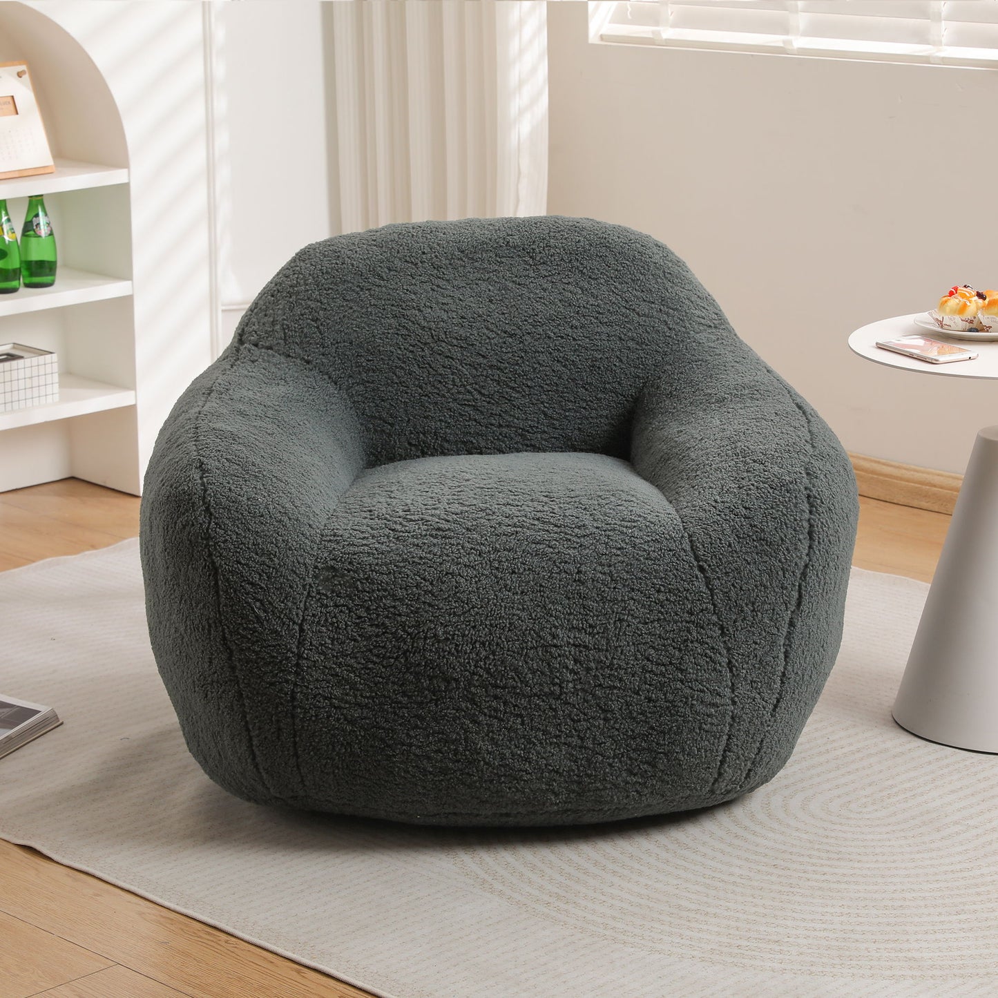 Giant Bean Bag Chair For Adults, Spacious Memory Foam Bean Bag Sofa With Armrests Teddy Fabric, Comfy Seating For Living Room Or Bedroom - Light Grayish Green