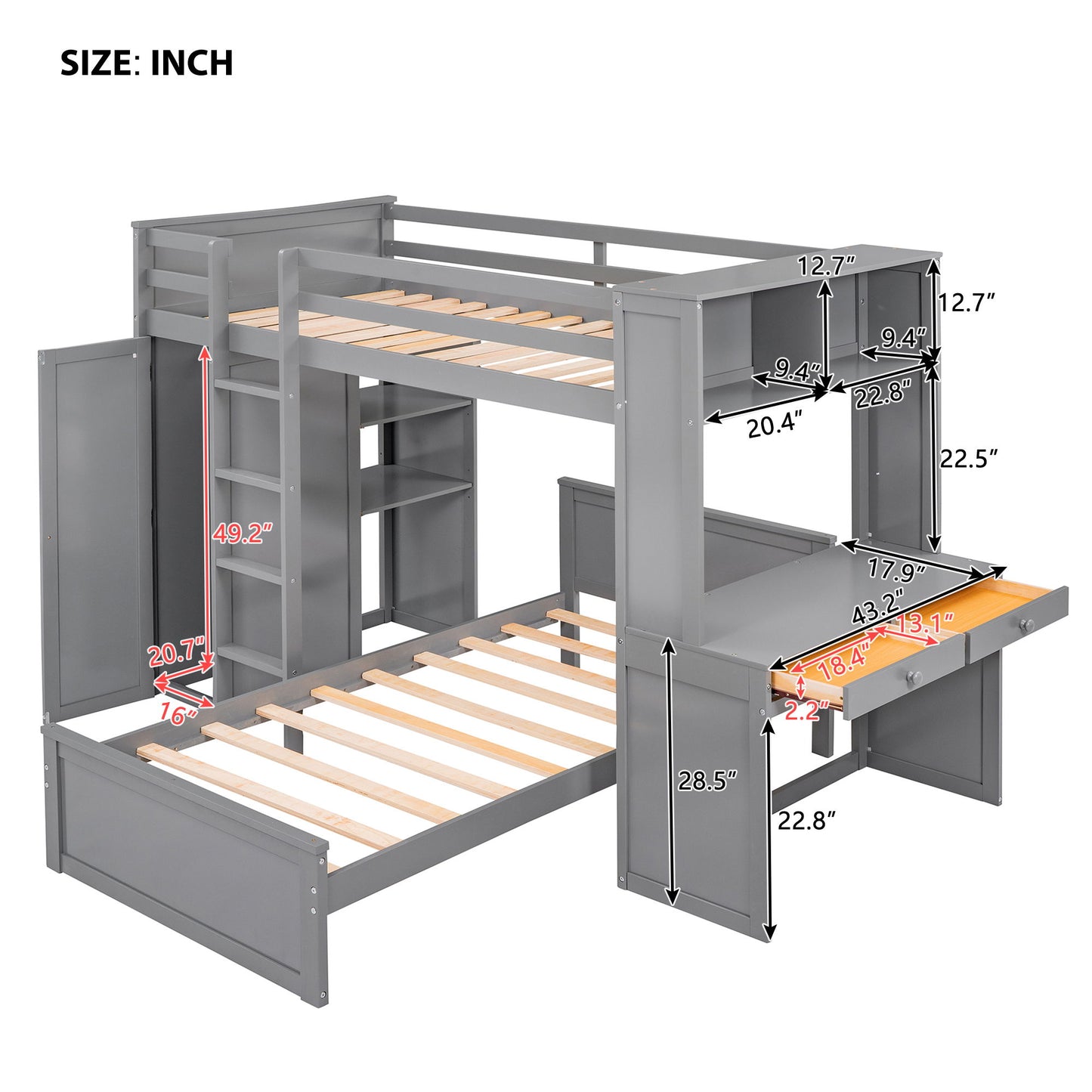 Twin Size Loft Bed With A Stand Alone Bed, Shelves, Desk, And Wardrobe - Gray