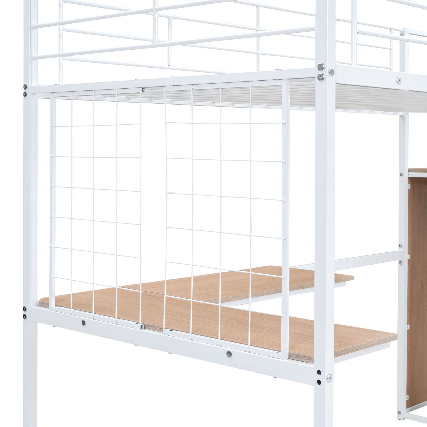 Twin Size Loft Bed With Desk And Grid, Stylish Frame With Lateral Storage Ladder And Wardrobe - White