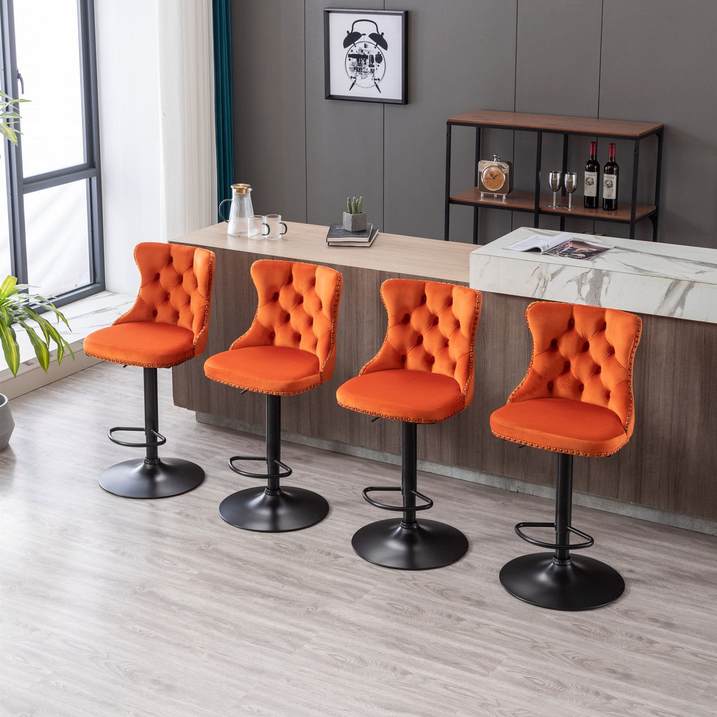 Swivel Velvet Barstools Adjusatble Seat Height, Modern Upholstered Bar Stools With Backs Comfortable Tufted For Home Pub And Kitchen Island (Set of 2) - Orange