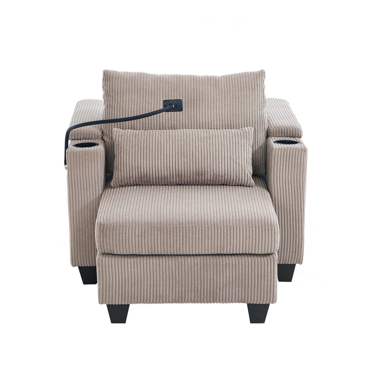 Convertible Chaise Lounge Sofa Chair With USB Ports, Cup Holders, Phone Holder, Storage - Brown