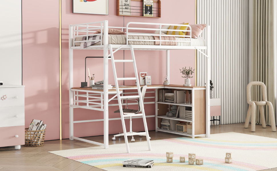 Twin Size Loft Bed With 3 Layers Of Shelves And L-Shaped Desk - White