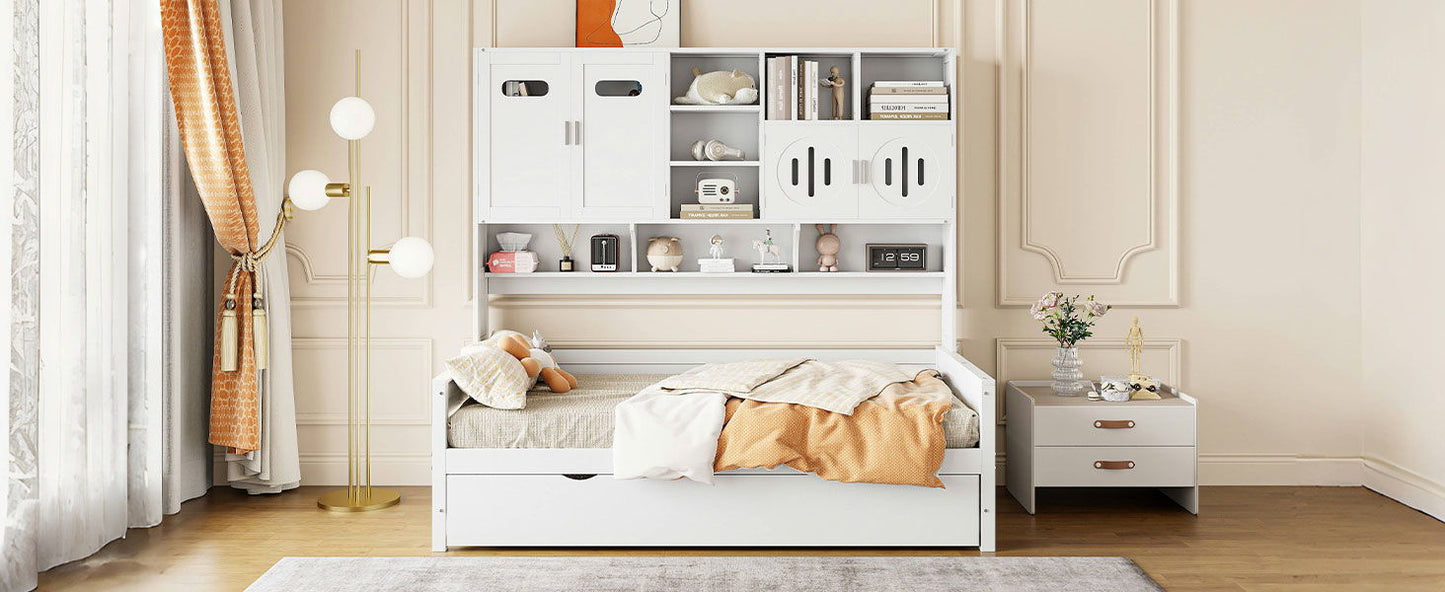 Twin Size Wooden Daybed With Twin Size Trundle, And All In One Cabinet And Shelf - White