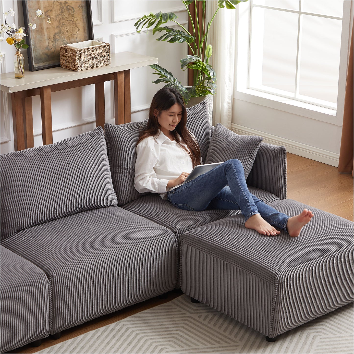 Multi Module Combination Style Sofa For Living Room And Other Lounge Spaces, Modern Minimalist Corduroy Combination Sofa With 2 Comfort Cushions With USB & C Charging Ports - Gray