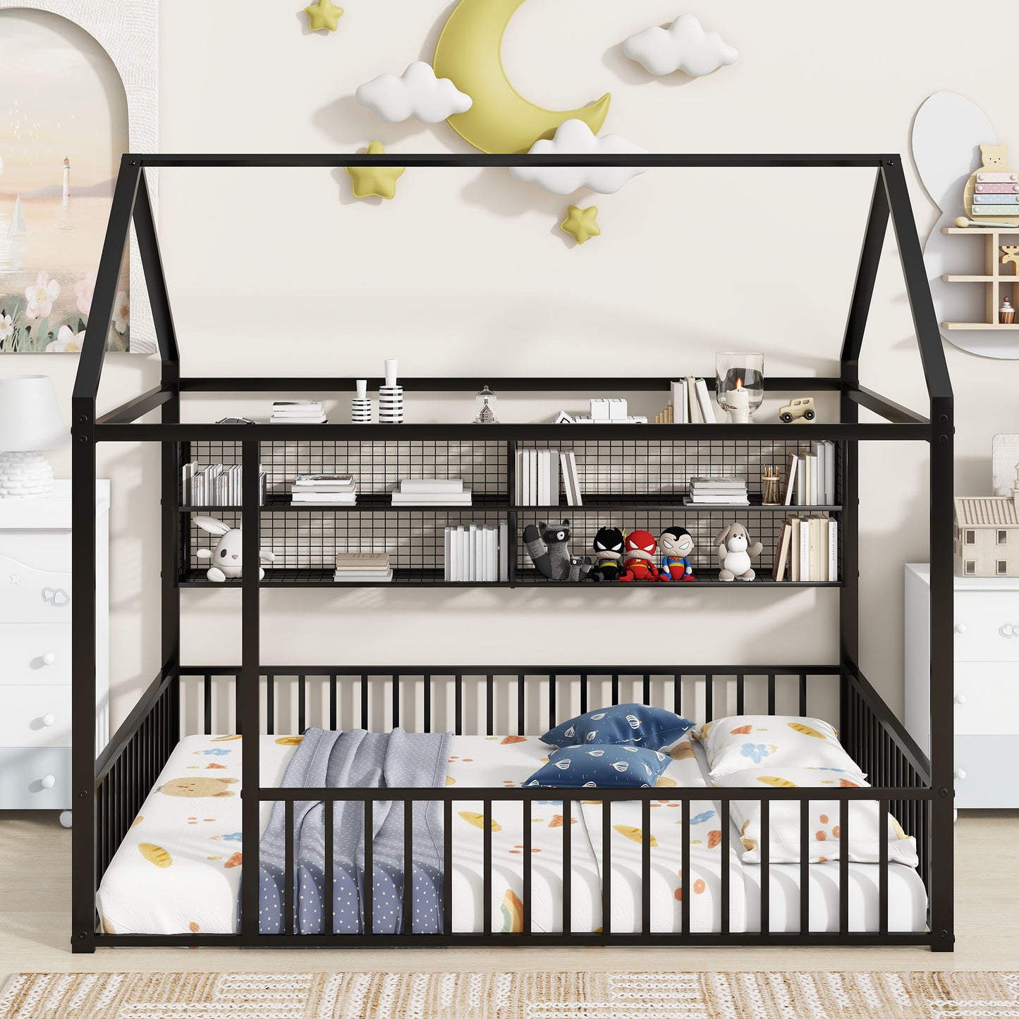 Full Size Bed House Frame With Fence And Shelves - Black