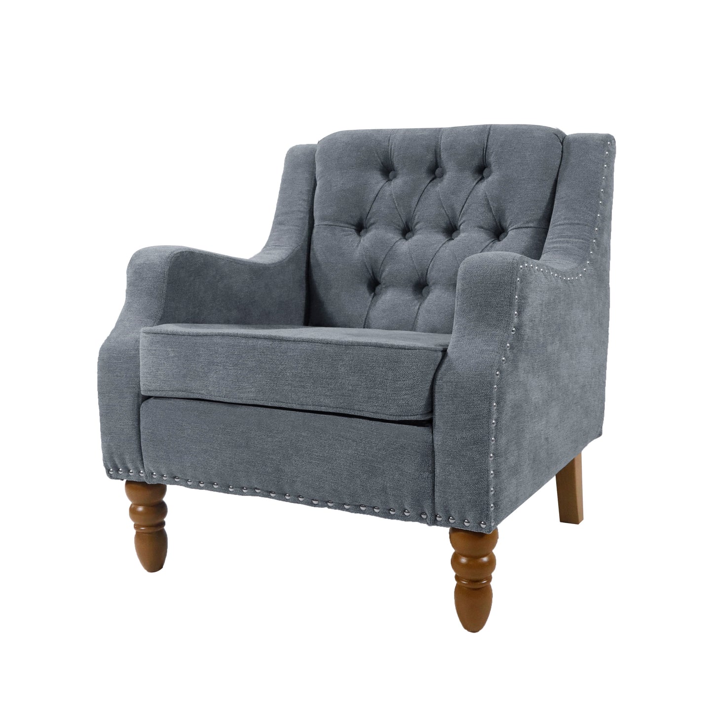 Accent Chair, Living Room Chair, Footrest Chair Set With Vintage Brass Studs, Button Tufted Upholstered Armchair For Living Room, Comfy Reading Chair For Bedroom, Reception Room - Gray