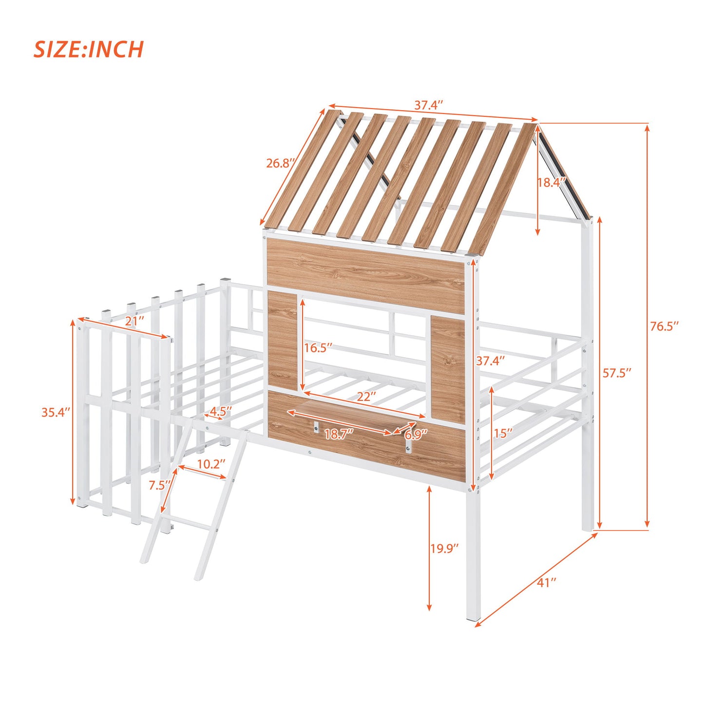 Twin Size Loft Bed With Roof, Window, Guardrail, Ladder - White