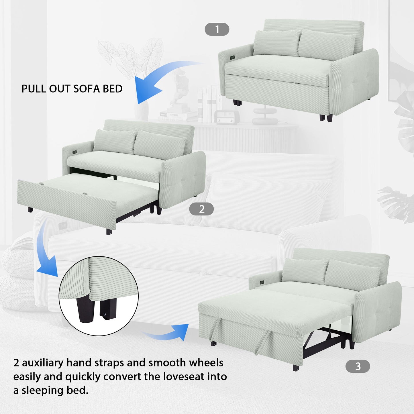 Pull Out Sofa Bed Convertible Couch 2 Seat Loveseat Sofa Modern Sleeper Sofa With 2 Throw Pillows And USB Ports For Living Room - Light Gray Green