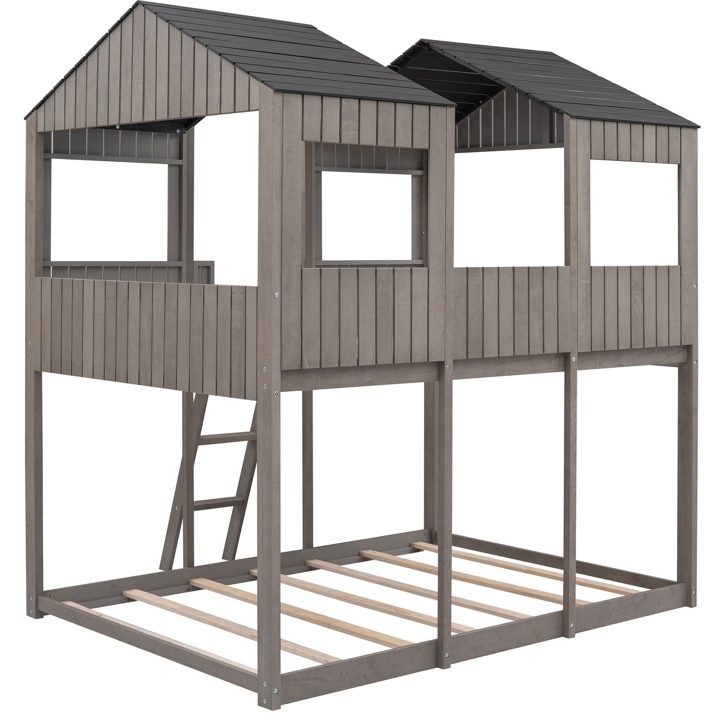 Full Over Full Bunk Bed With Roof, Window, Guardrail, Ladder - Antique Gray