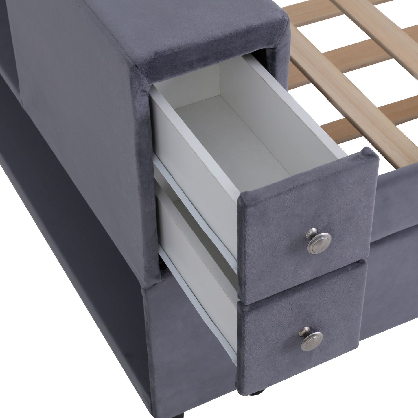 Twin Upholstered Bed With Storage And Twin Trundle, USB Charging Ports - Gray