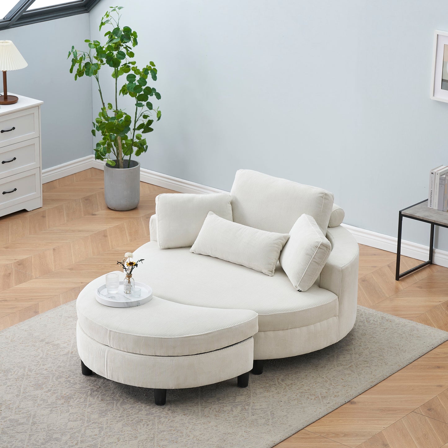 Corduroy Sofa With Two Throw Pillows And A Waist Pillow With An Extra Tray For Comfortable Seating Suitable For Small Apartment Bedroom Space - Beige