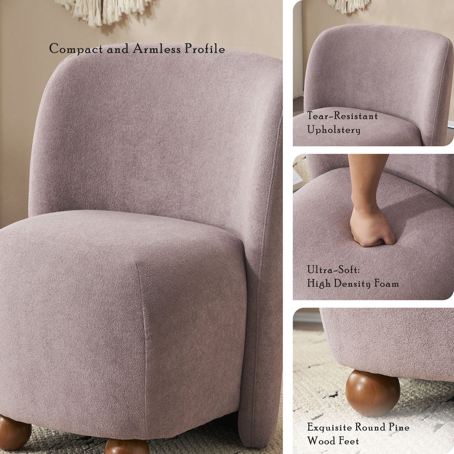 Modern Low Back Accent Chair, Upholstered Armless Living Room Chairs, Round Pine Wood Feet, For Small Living Spaces, Living Room - Purple