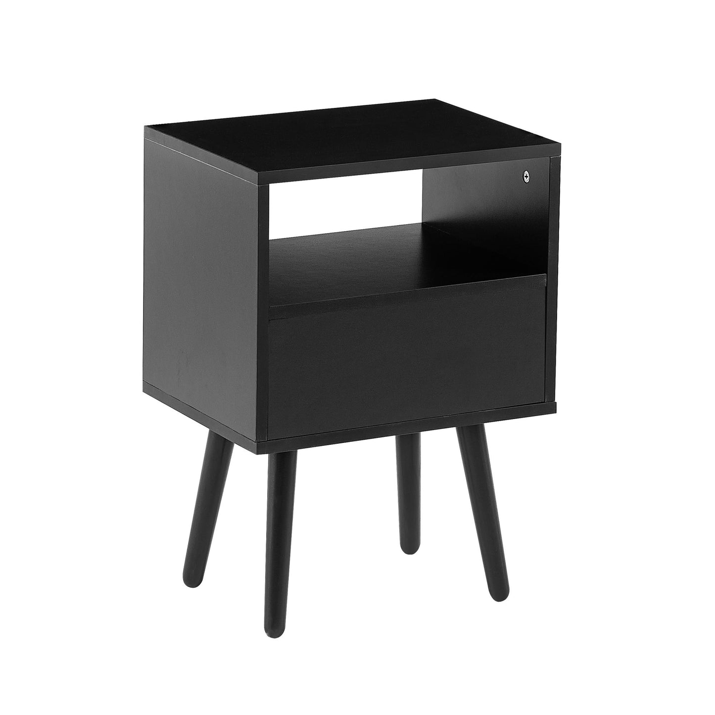 15.75" Rattan End Table With Drawer And Solid Wood Legs, Modern Nightstand, Side Table For Living Room, Bedroom - Black