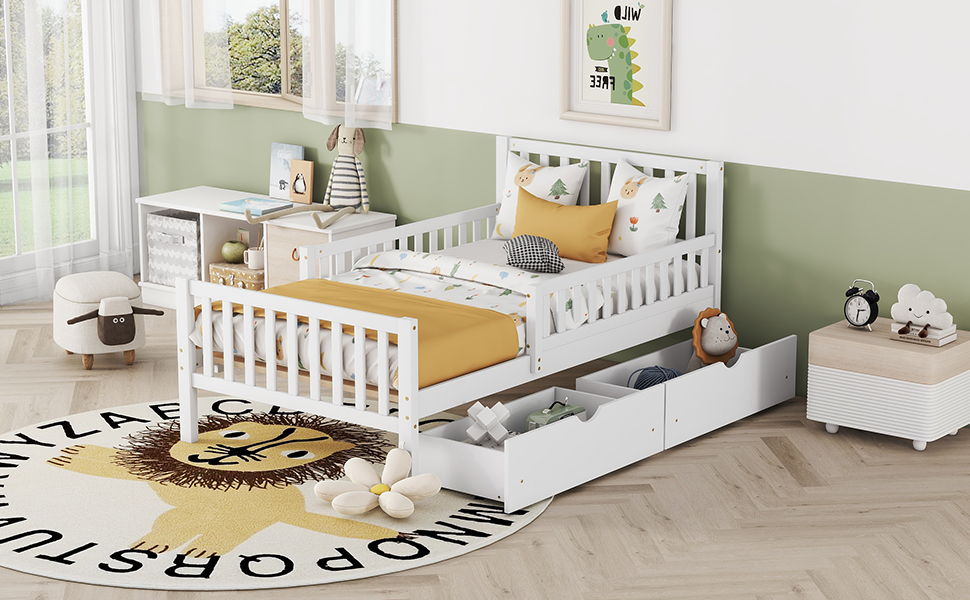 Twin Size Platform Bed With Guardrails On Both Sides And 2 Storage Drawers - White