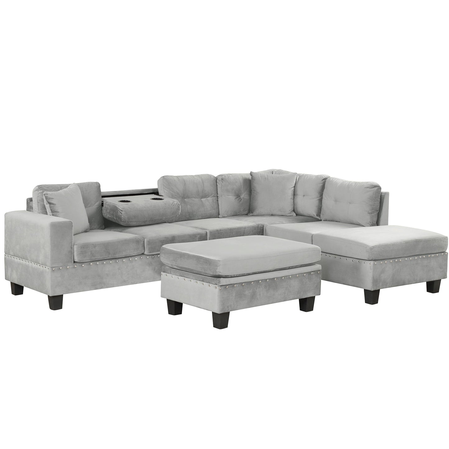 Modern Sectional Sofa With Storage Ottoman, L - Shape Couch With 2 Pillows And Cup Holders - Gray