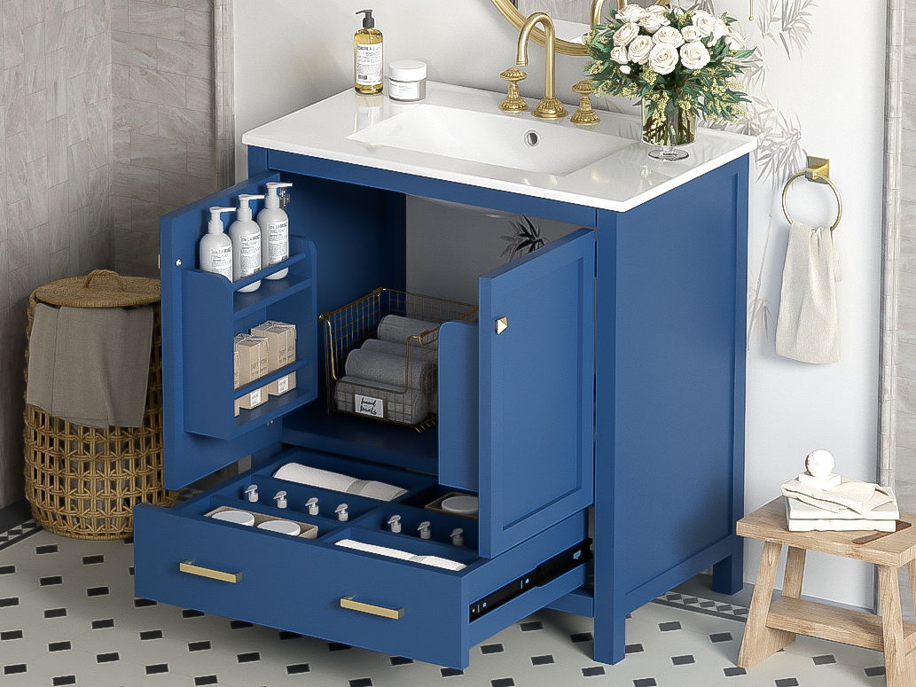 Bathroom Vanity With Single Sink, Combo Cabinet Undermount Sink, Bathroom Storage Cabinet With 2 Doors And A Drawer, Soft Closing, Multifunctional Storage, Solid Wood Frame - Blue