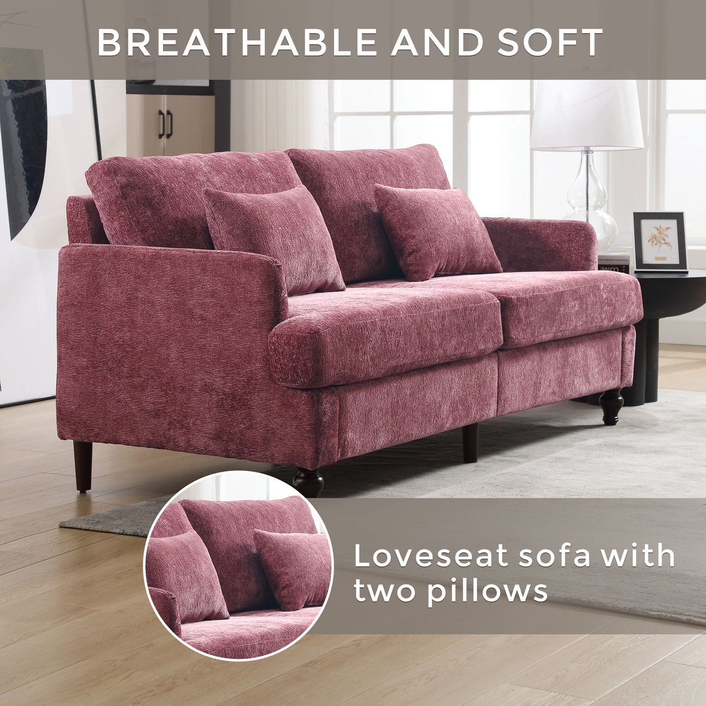 Mid Century Modern Chenille Fabric Loveseat Sofa, 2 Seat Upholstered Couch With Wood Feet - Wine Red