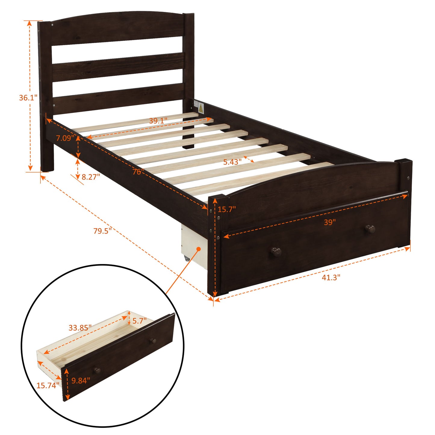 Twin Platform Bed Frame With Storage Drawer And Slat Support No Box Spring Needed - Espresso