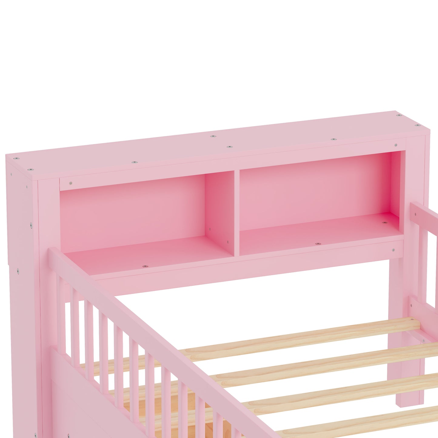 Twin Size Bed With Headboard Storage Rack, 2 Under Bed Drawers, 3 - Side Guardrails For Safety And Security - Pink